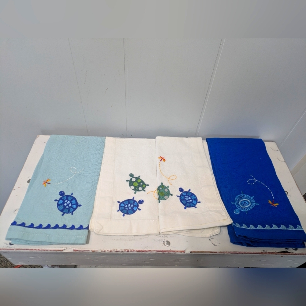 Set of 4 Turtle Sea Life Cotton Kitchen Tea Towels Coastal Nautical‎ Ocean Decor